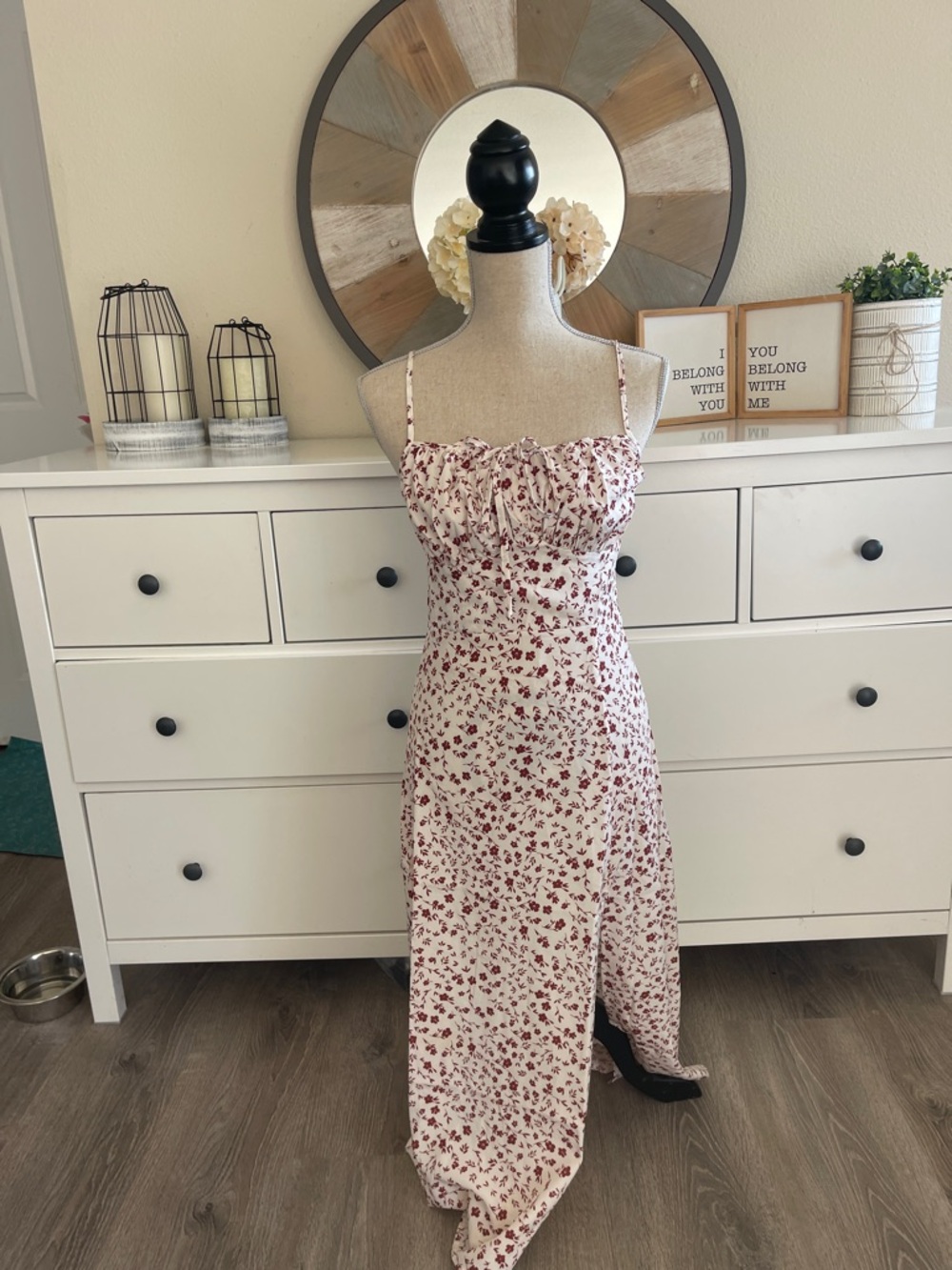 White and Red Floral Spaghetti-Strap Maxi Dress